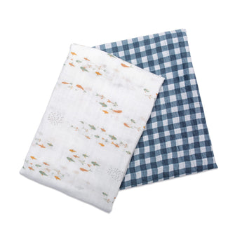 2 - pack Cotton Swaddles - Fish / Navy Gingham - My Little Thieves