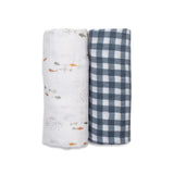2 - pack Cotton Swaddles - Fish / Navy Gingham - My Little Thieves
