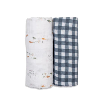 2 - pack Cotton Swaddles - Fish / Navy Gingham - My Little Thieves