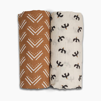 2 - pack Cotton Swaddles - Mudcloth / Black Birds - My Little Thieves