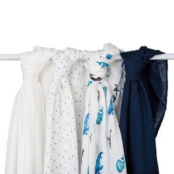 4 - Pack Bamboo Muslin Swaddle Blankets - Whales & Stars - My Little Thieves