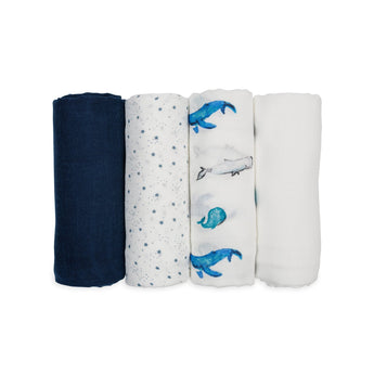 4 - Pack Bamboo Muslin Swaddle Blankets - Whales & Stars - My Little Thieves