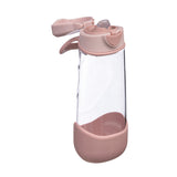 Clear water bottle with a pink silicone sleeve and lid on a white background