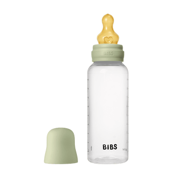 BIBS 270ml clear baby bottle with ivory latex nipple, sage green cap, and heart detail.
