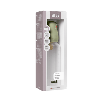 BIBS Baby Bottle, 270ml, with round natural latex nipple and olive green cap, in its white and green packaging.