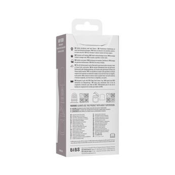 Back of a white BIBS Baby Feeder box with multilingual text and diagrams.