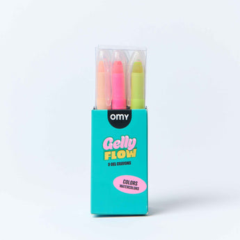 OMY Gelly Flow 9 gel crayons and watercolour sticks in turquoise packaging