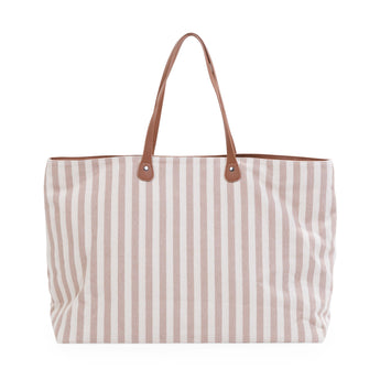 Childhome Family Tote Bag with beige and white vertical stripes and brown leather handles.