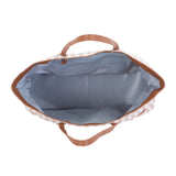 Open Childhome Family Tote Bag with beige and white stripes, brown leather handles, and a light blue interior.
