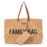 Childhome Family Tote Bag in soft beige teddy fabric with "FAMILY BAG" in black, brown faux leather handles, and matching pouch.