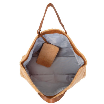 Childhome Family Tote Bag in soft beige teddy fabric with brown leather handles and a matching pouch.