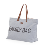 Light grey canvas Childhome Family Tote Bag with "FAMILY BAG" in dark grey text and brown faux leather handles.
