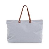 Light grey canvas Childhome Family Tote Bag with brown faux leather handles.