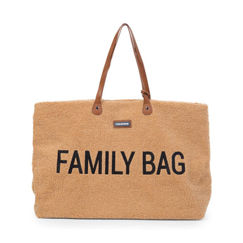 Childhome Family Tote Bag in soft, light brown teddy fabric with "FAMILY BAG" in black text and brown leather handles.