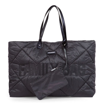 Black quilted Childhome Family Tote Bag with "FAMILY BAG" embroidered, featuring a matching small pouch.