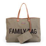 Childhome Family Tote Bag in olive green canvas with brown faux leather handles and "FAMILY BAG" text.