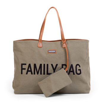 Childhome Family Tote Bag in olive green canvas with brown faux leather handles and "FAMILY BAG" text.