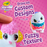Crayola Scribble Scrubbie Pets with fuzzy white texture, pink ears, and colorful custom designs.