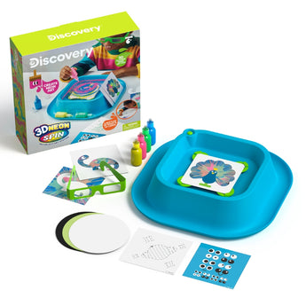 Discovery 3D Neon Spin Art Station with blue base, neon paints, stencils, and paper.