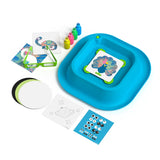 Blue Discovery 3D Neon Spin Art Station with neon paints, art cards, and paper discs.
