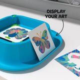 Blue Discovery 3D Neon Spin Art Station displaying a colorful butterfly and peacock spin art.