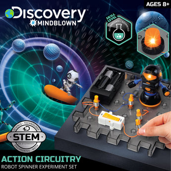 Discovery Mindblown Action Circuitry Robot Spinner STEM experiment set with glowing orange robot and circuit board.