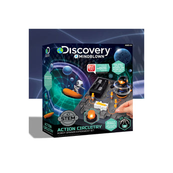 Discovery Mindblown Robot Spinner Experiment Set box with a glowing black robot on a circuit board.