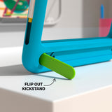 Close-up of the Discovery Neon Glow Tablet's blue base with a green flip-out kickstand extended.