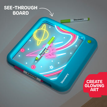 Discovery Neon Glow Tablet Light-Up Art Board, blue frame, with glowing neon art and markers.