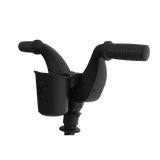 Black Doona Liki Cup Holder attached to a trike handlebar, designed for toddler's drinks.