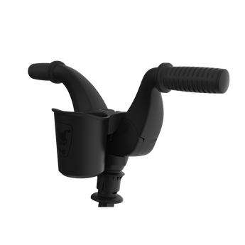 Black Doona Liki Cup Holder attached to a trike handlebar, designed for toddler's drinks.