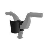 Doona Liki black cup holder attached to a gray trike handlebar, designed for beverages.