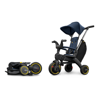Doona Liki Trike S3 in navy and black, shown folded and fully assembled with a canopy.