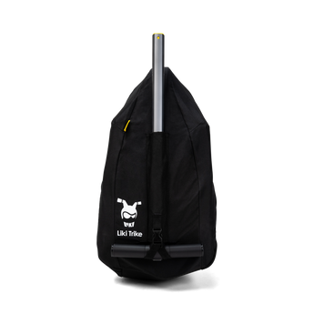 Black Doona Liki Trike Travel Bag made from durable, water-repellent fabric, with a gray handle and white Liki Trike logo.