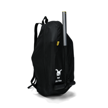 Black Doona Liki Trike Travel Bag, durable rip-stop fabric, with shoulder straps and a gray handle.