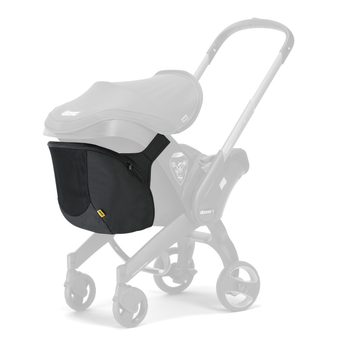 Black Doona Snap-on Storage bag attached to the back of a gray Doona stroller frame, featuring mesh sides and a yellow tag.