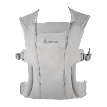 Ergobaby Embrace Heather Grey newborn carrier, soft mesh fabric, adjustable straps, front view.