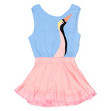 Light blue top and pink skirt with a bird design on a white background