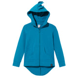 Kuku Kid Dino Hoodie Cardigan Jacket in vibrant blue with a full zipper, front pockets, and playful dino spikes on the hood.