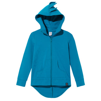 Kuku Kid Dino Hoodie Cardigan Jacket in vibrant blue with a full zipper, front pockets, and playful dino spikes on the hood.