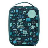 insulated lunch bag with game-themed design on a white background