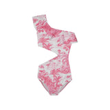 Marie Raxevsky Jungle Pink girls one-shoulder swimwear with cut-out and jungle print.