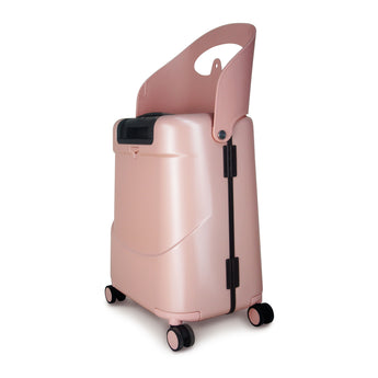 MiaMily 24-inch pink hard shell ride-on suitcase with black wheels and a curved backrest.
