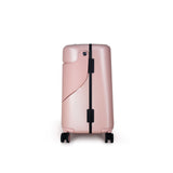 MiaMily 24-inch pink check-in luggage, a multi-function ride-on suitcase with black trim and wheels.
