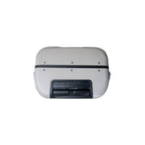 Top view of a light gray MiaMily 24-inch check-in suitcase with a black ride-on seat and handle.