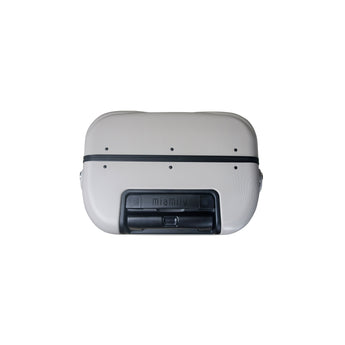 Top view of a light gray MiaMily 24-inch check-in suitcase with a black ride-on seat and handle.