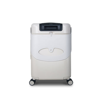 Cream MiaMily 24-inch check-in luggage with black handle, designed for kids to ride on.
