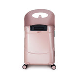 Pink MiaMily 24-inch check-in luggage with a ride-on seat for kids and adults.
