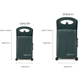 Two dark green MiaMily suitcases, a 24-inch check-in and a carry-on, with dimensions for volume, height, depth, and width.