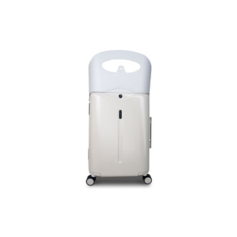 MiaMily 24-inch beige check-in luggage with white ride-on seat and four wheels.